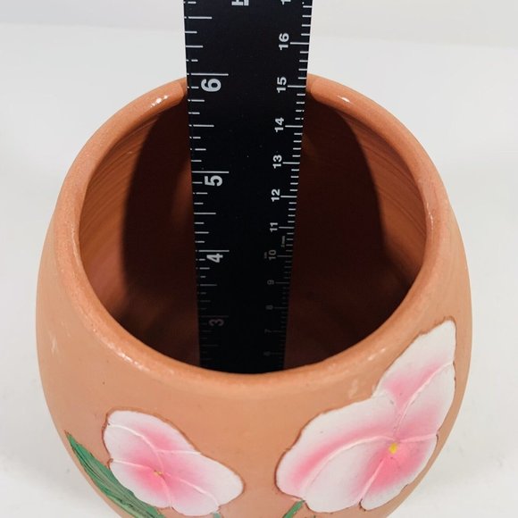 Terracotta Pottery Planter Handmade Etched Pink Pansies Pot Vase Artisans Signed - Picture 9 of 12